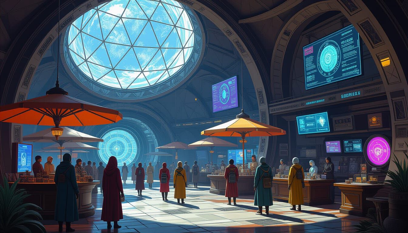 Lunar Marketplace Under Dome in Futuristic Style