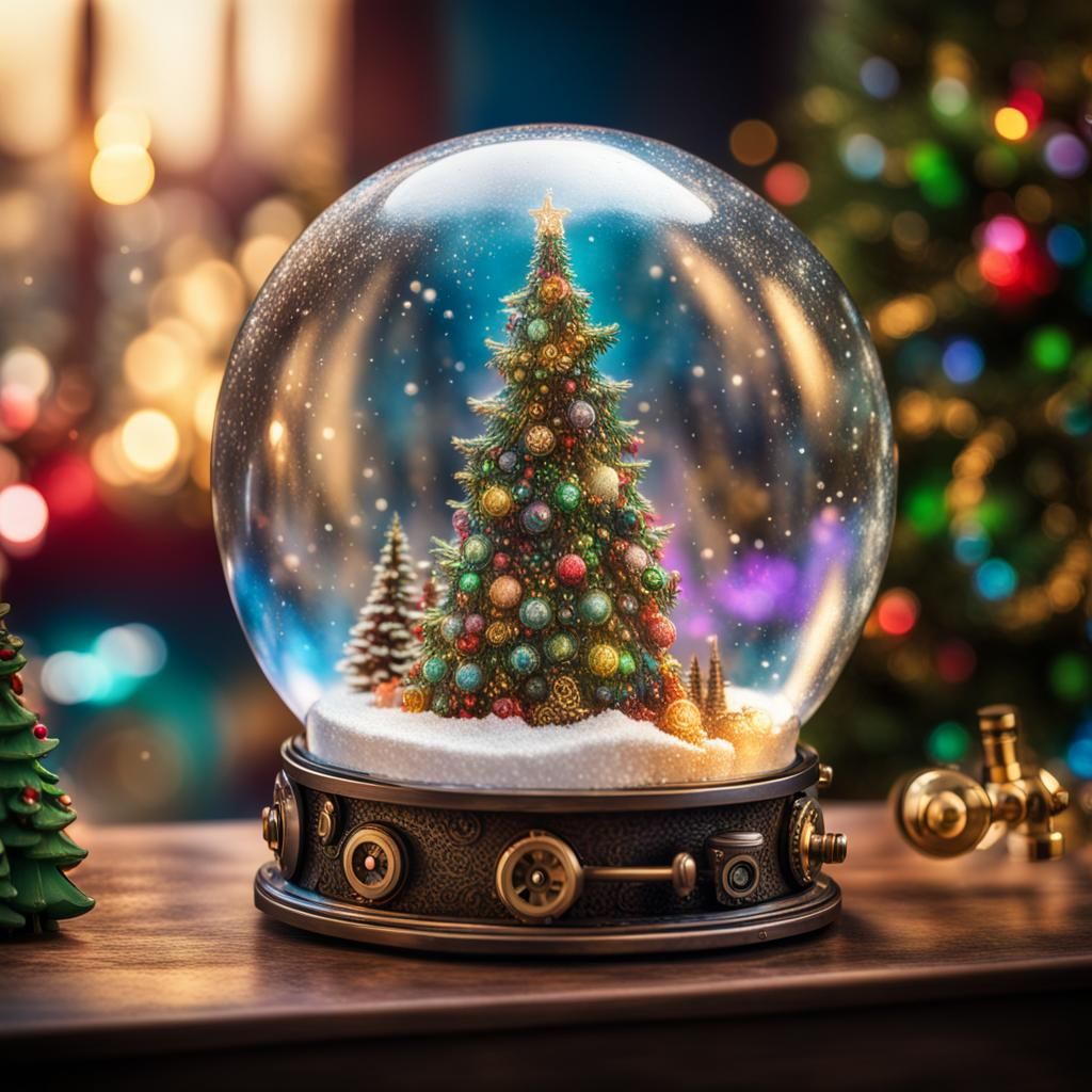 Steampunk Snowglobe Christmas Tree Sparkling Close-up