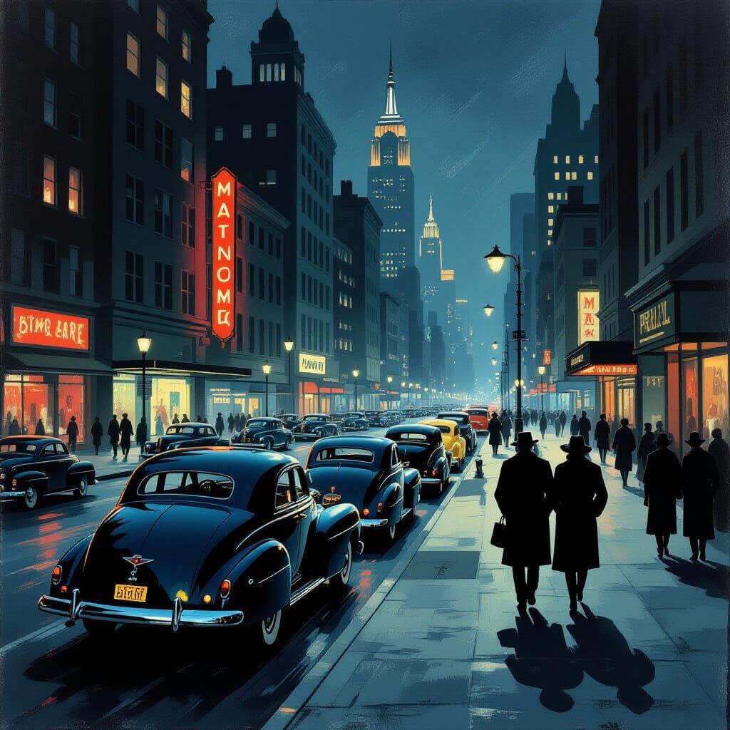 1945 City Street Scene in Film Noir Style