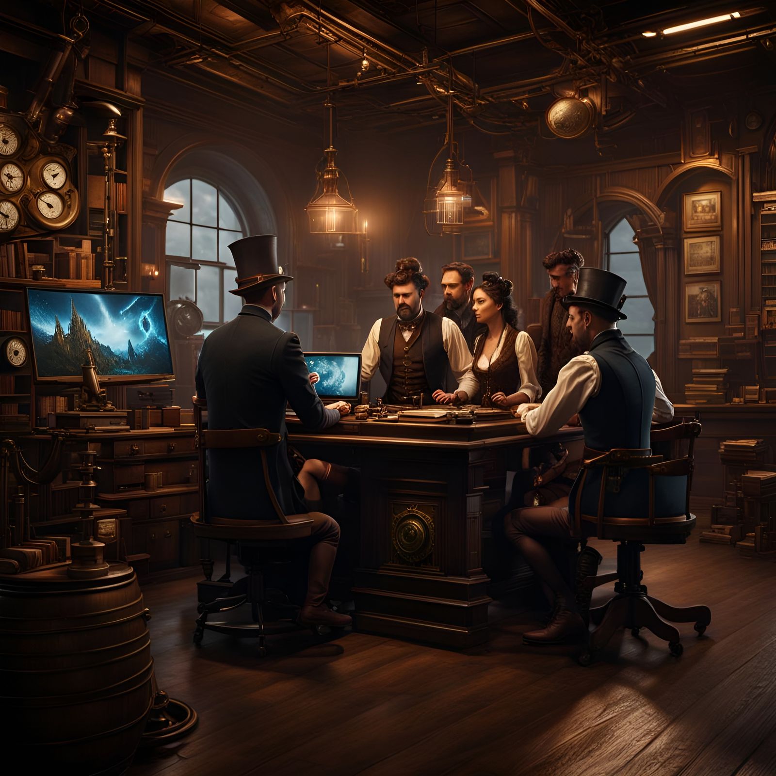 Steampunk Office Team Solving Computer Problem