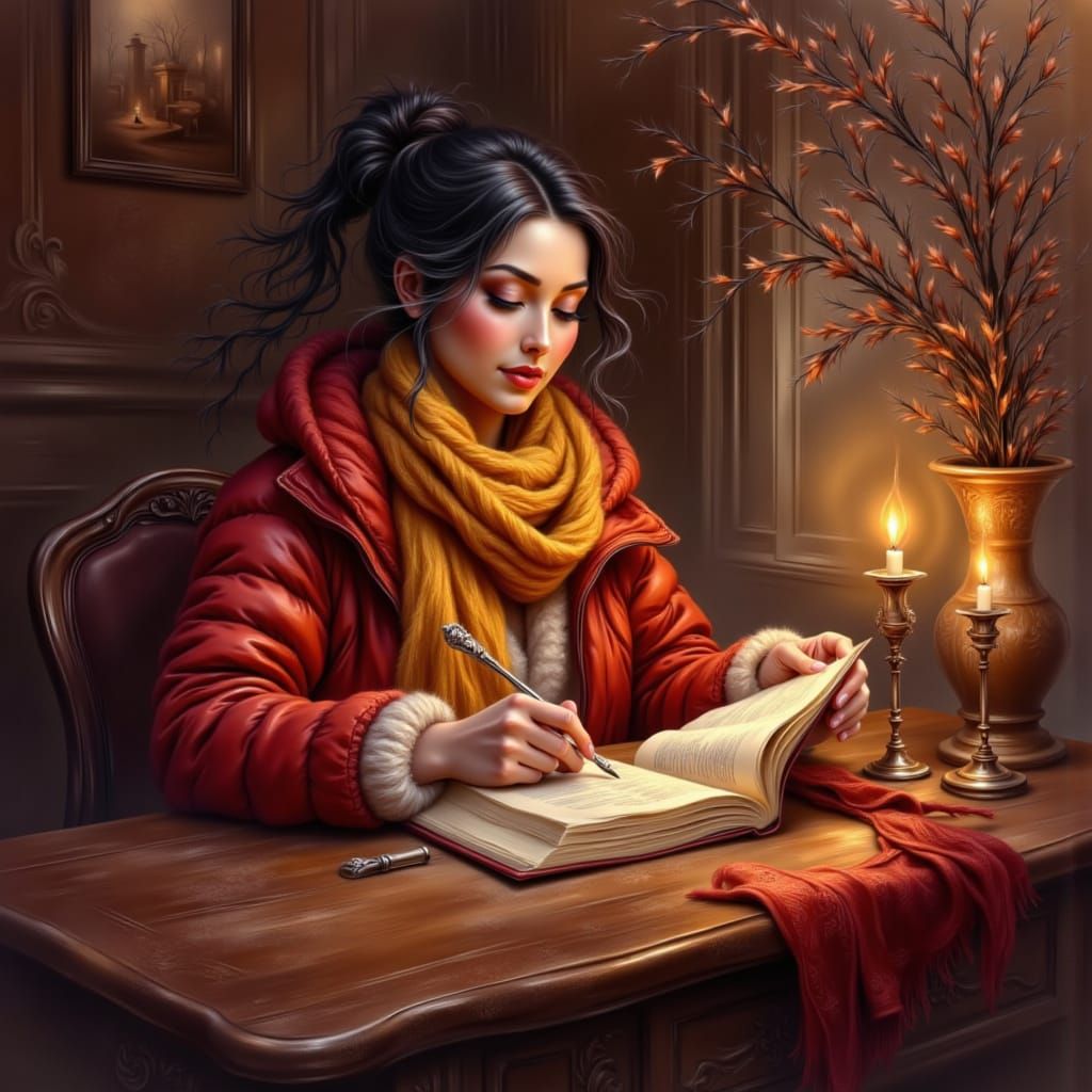 Woman Reading by Candlelight in Red and Yellow Room