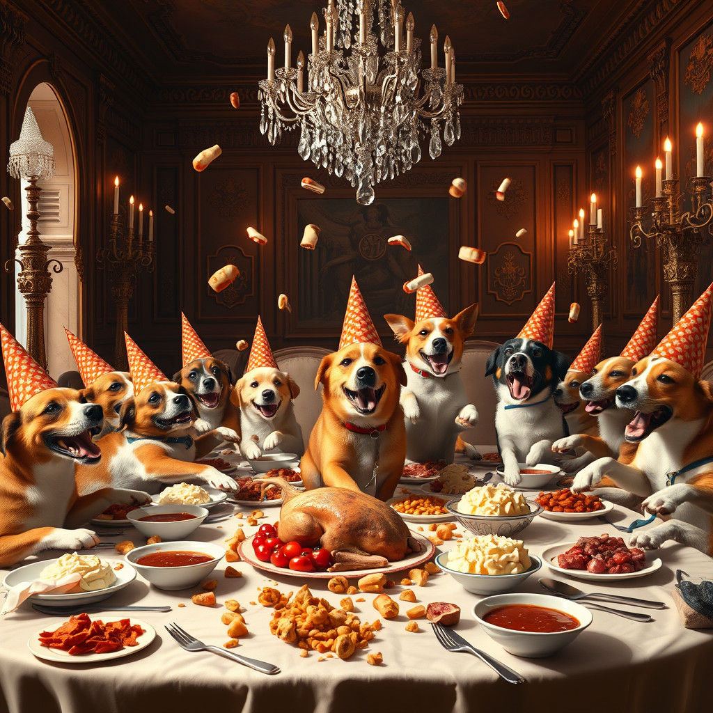 Dogs Food Fight in Lavish Banquet Hall