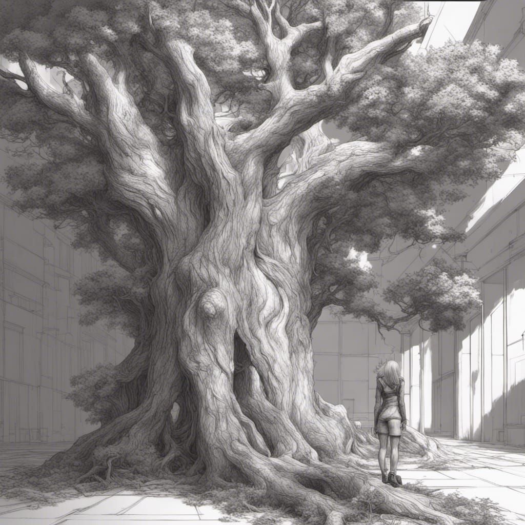 Woman Turns to Tree: Detailed Pencil Sketch