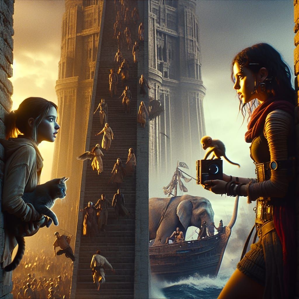 Cyberpunk Tower of Babel with Pirate Ship