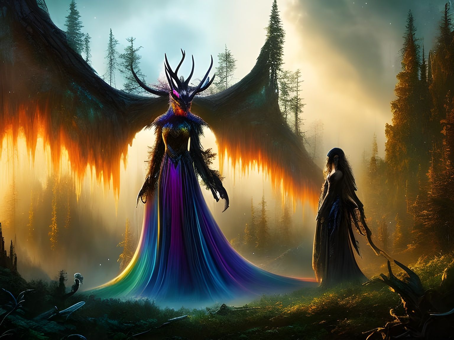 Enchanted Forest with Ghosts and Rainbow Tower