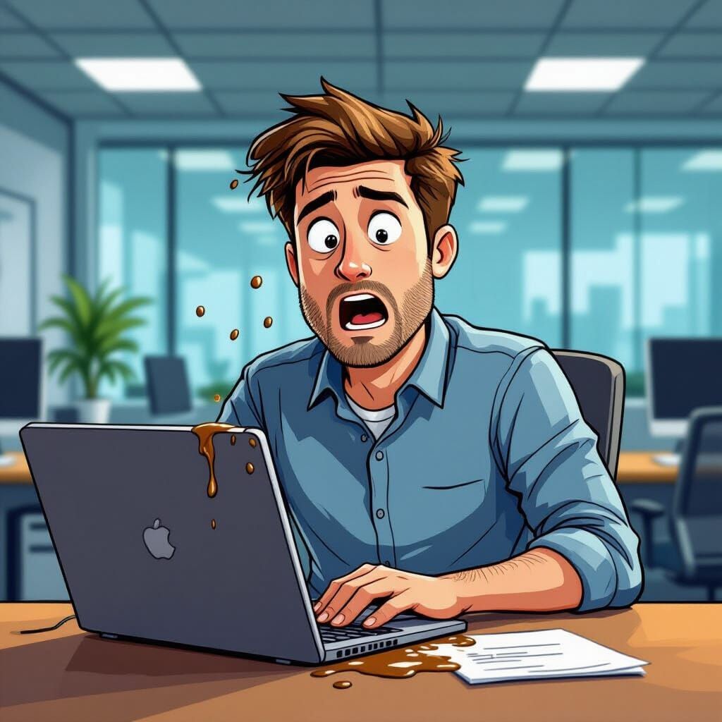 Man's Coffee Spill Disaster: Cartoon Illustration