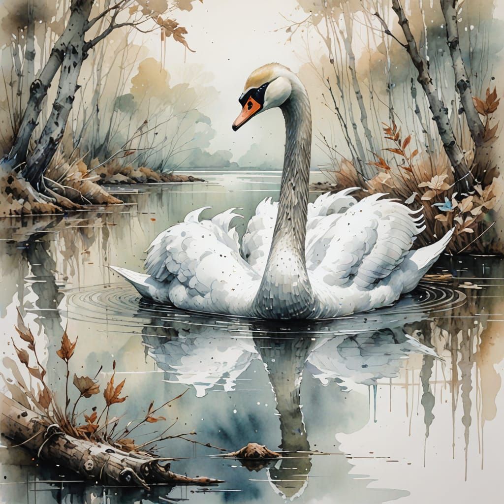 Serene Lakeside Cove with Elegant Swan in Watercolour Style
