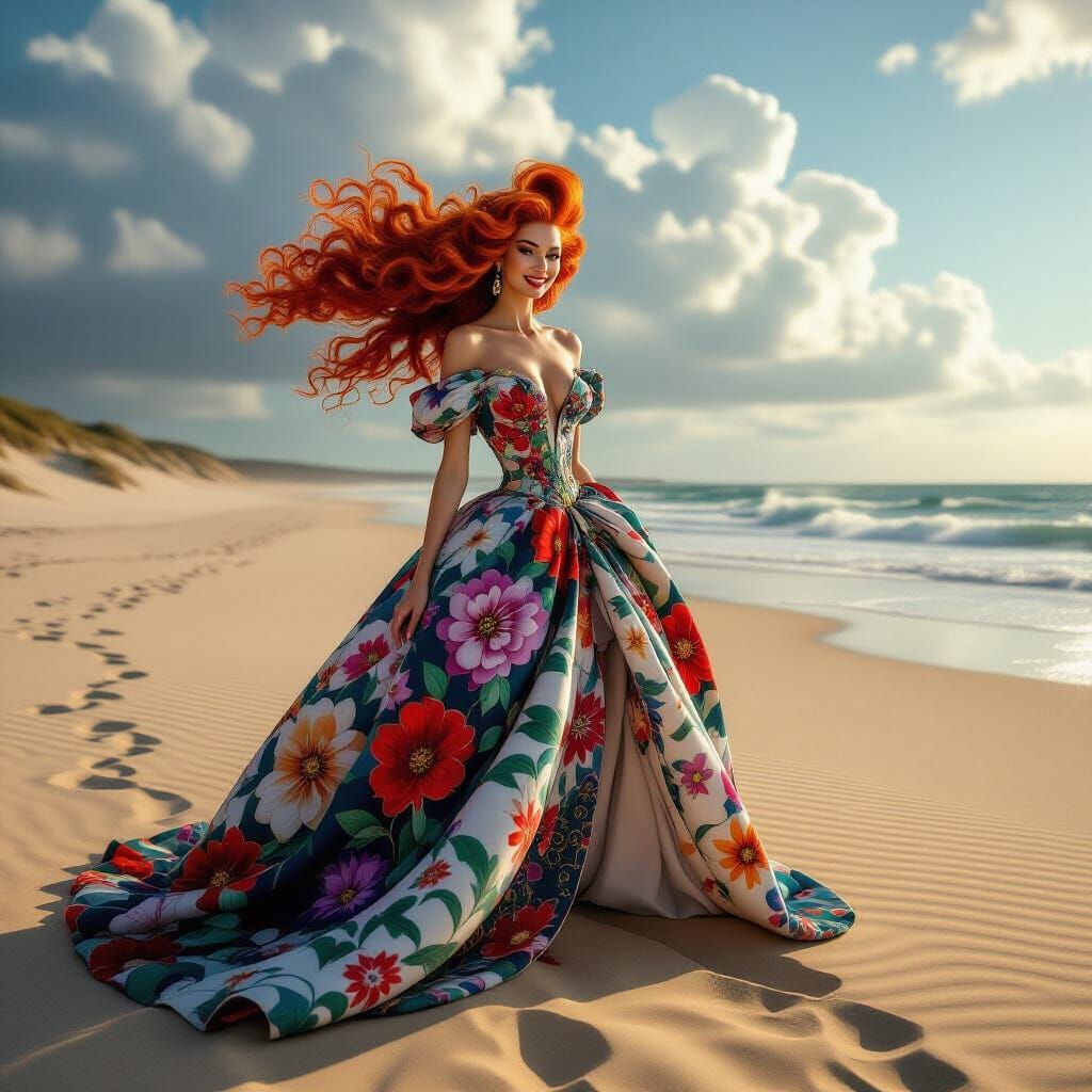 Fantasy Woman on Windswept Beach in Haute Couture Gown