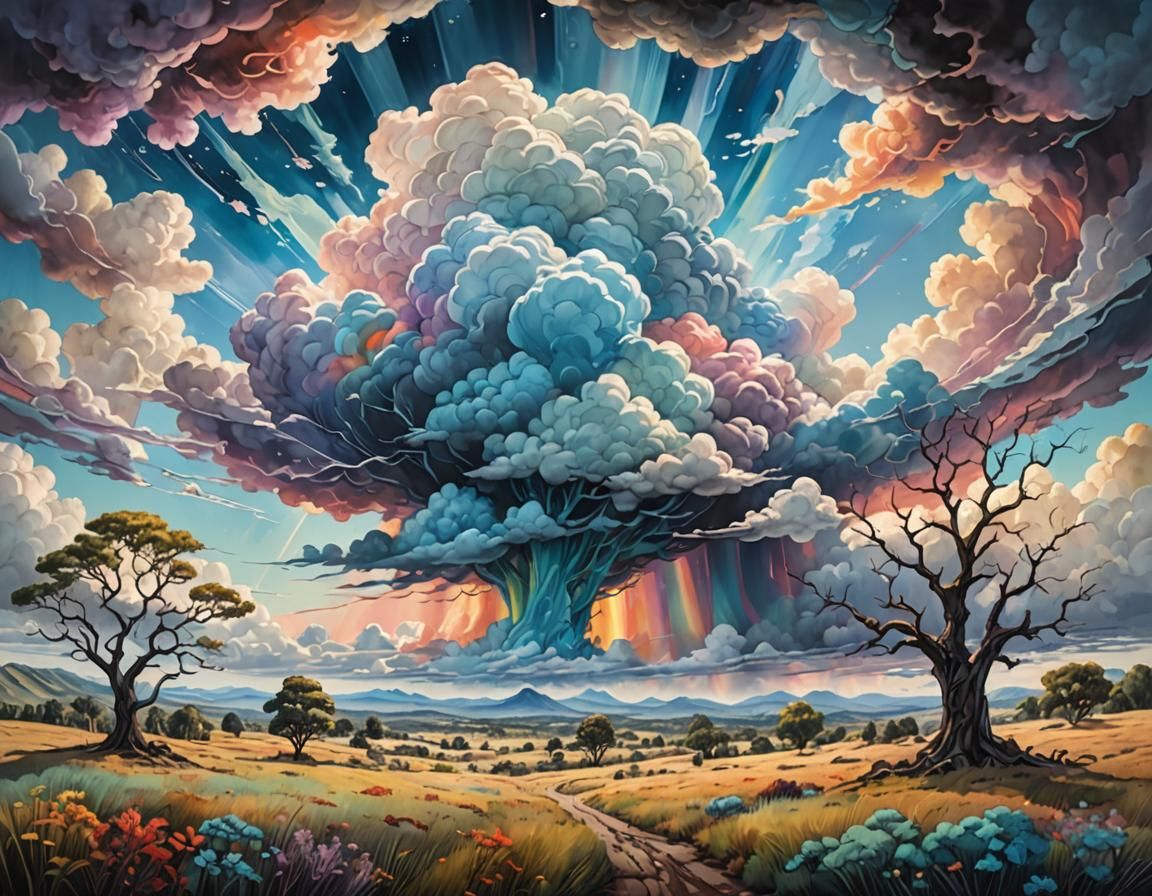 Ethereal Cloudscape with Twisted Trees in Pastel Watercolor