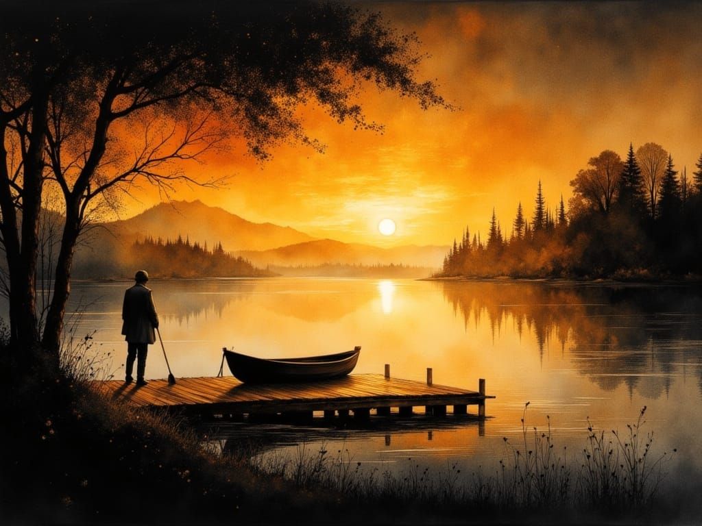 Lakeside Sunset with Silhouetted Figure in Watercolor Style