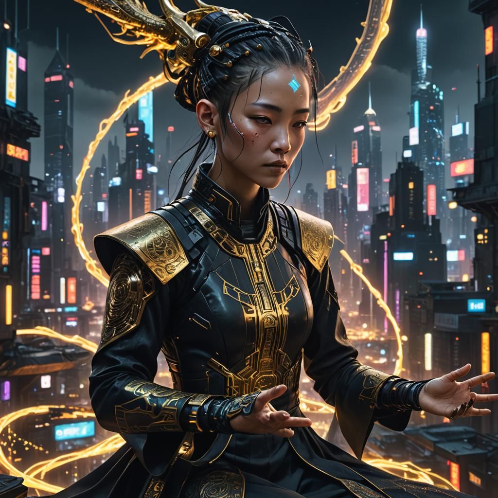 Cyberpunk Monk Meditating in Futuristic Cityscape