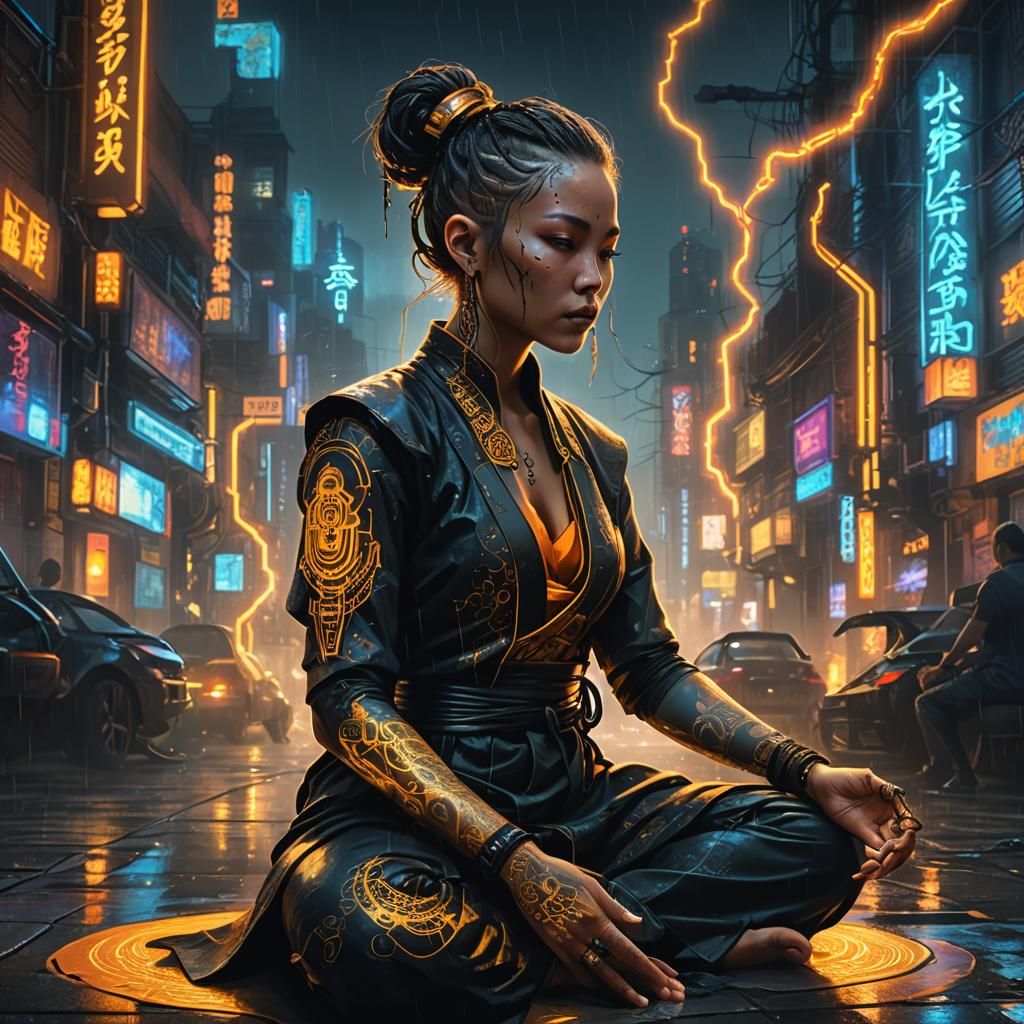 Cyberpunk Monk Meditating in Neon City