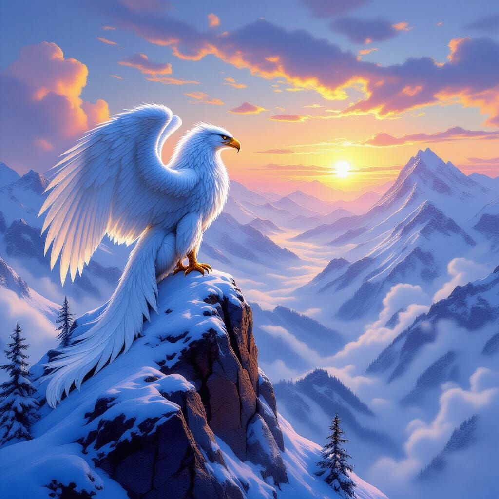 Iridescent Griffin Perched Atop Mountain Peak