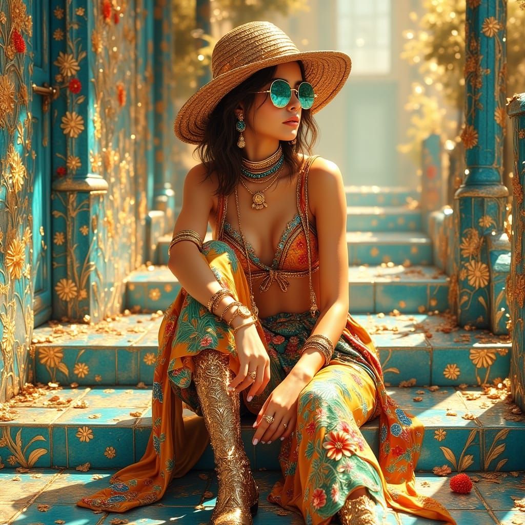 Bohemian Woman on Tiled Steps in Digital Illustration Style