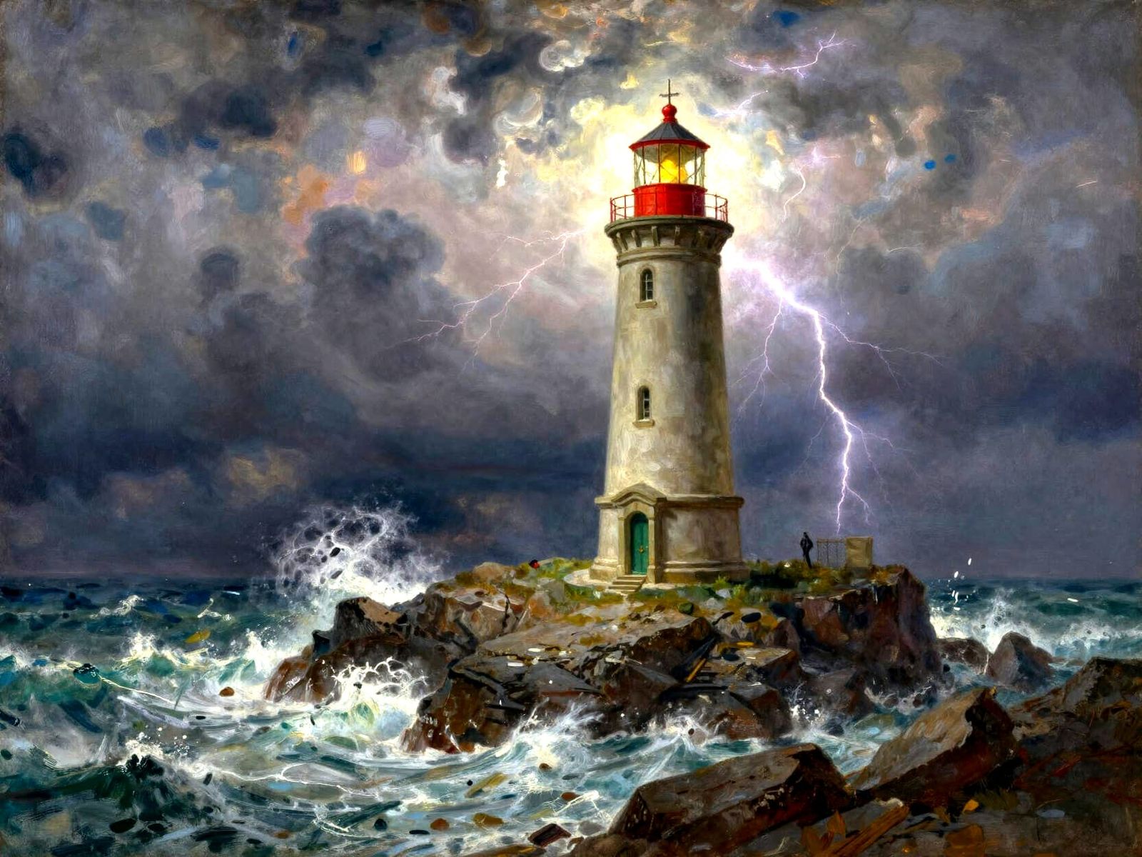 Ancient Lighthouse in Stormy Seas Oil Painting