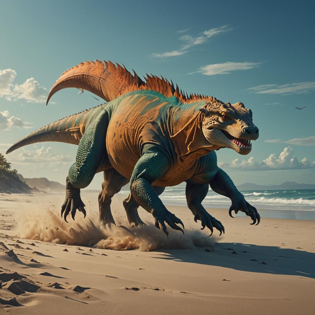 Komodo Dragon Cheetah Hybrid on Beach, Digital Painting