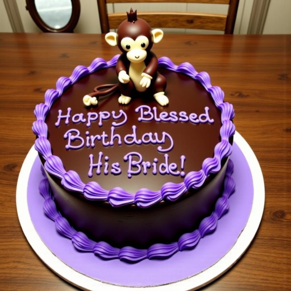 An adorable chocolate and purple birthday cake with a monkey...
