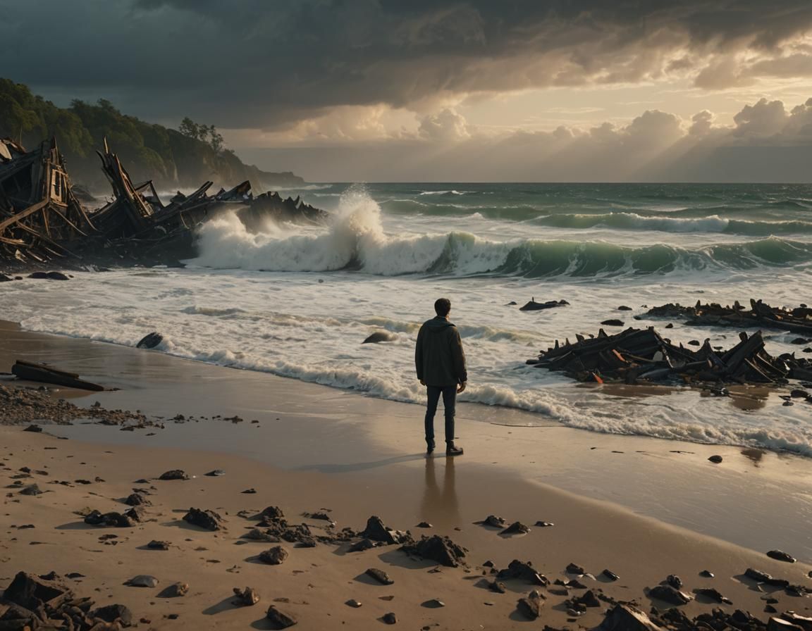 Shipwrecked Man on Desolate Beach at Dawn