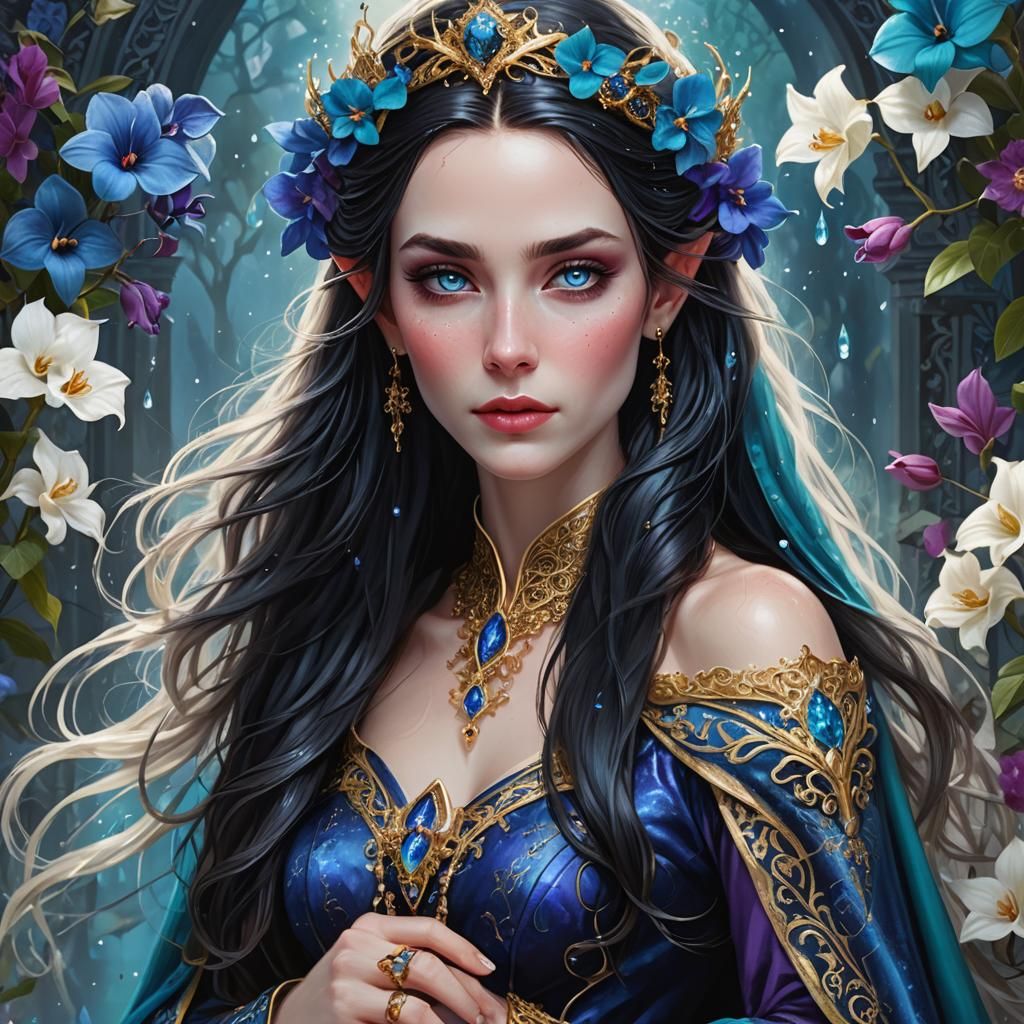 Elven Woman with Flowers and Castle, Digital Art