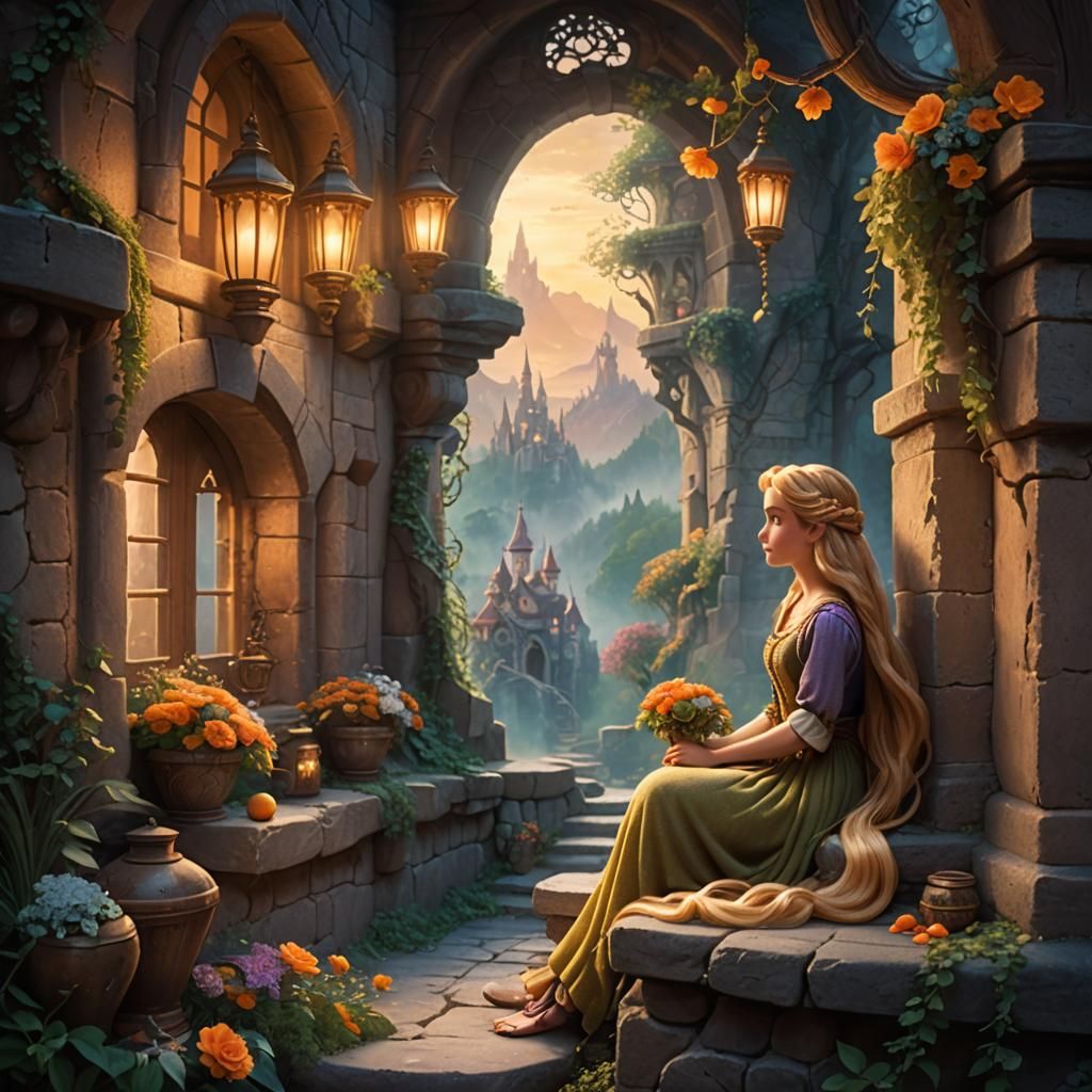 Rapunzel in Misty Forest with Lanterns, Fantasy Concept Art