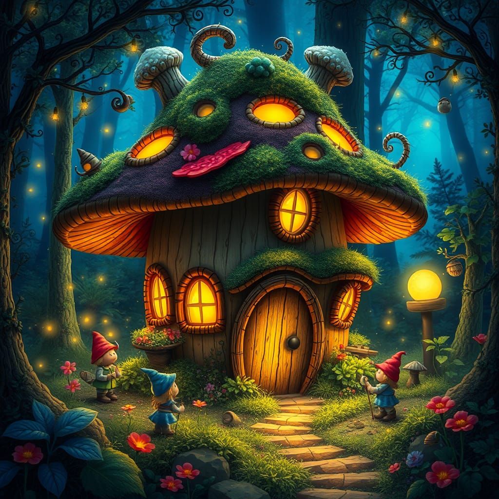 Enchanted Bioluminescent Forest with Mushroom House