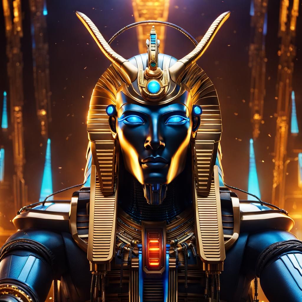Futuristic Android of Egyptian God Ra on Throne