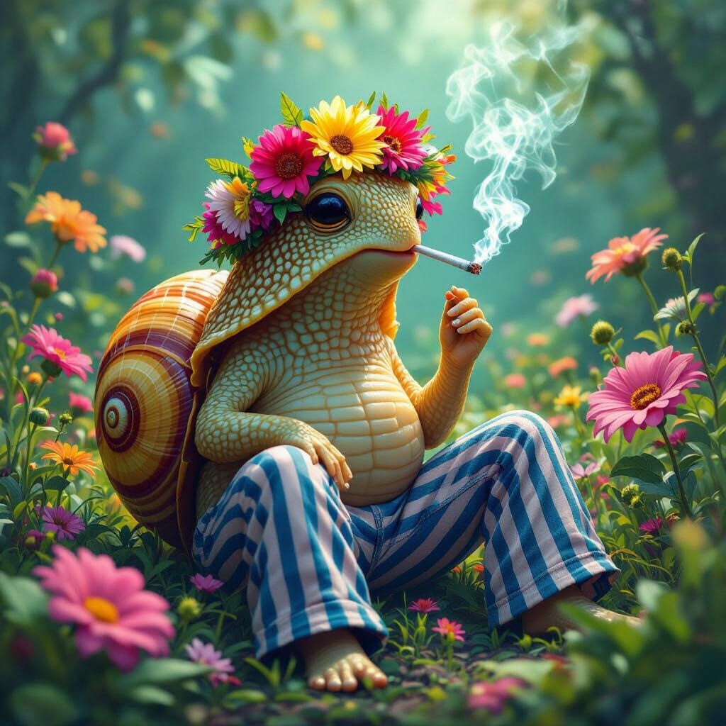 A biolumin snail smoking a joint in a flowery forest.