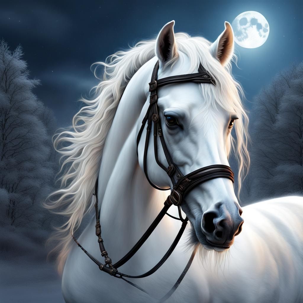 Majestic White Friesian Horse in Snowy Landscape
