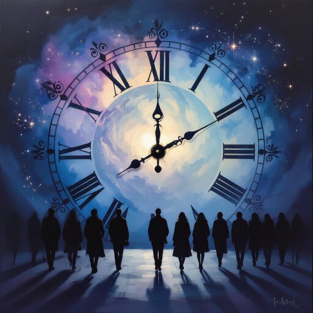 Surreal Clock Face at Midnight with Cosmic Nebula