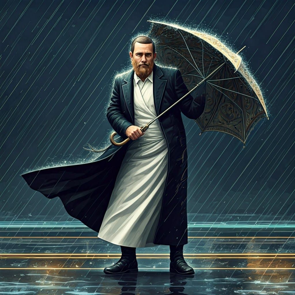 Orthodox Hasidic Man Braves Futuristic Storm