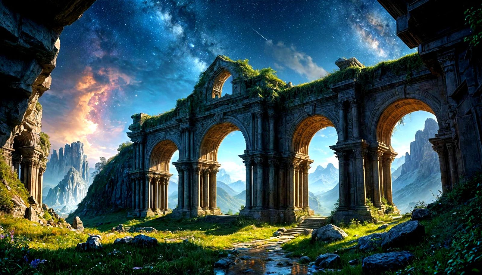 Elven Ruins Under Nebula Sky: Hyper-Realistic Astral Art