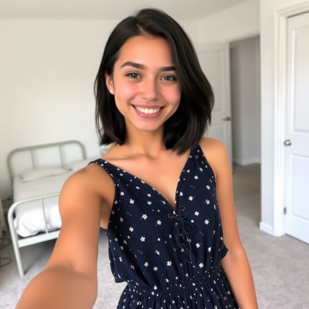 Smiling Woman in Floral Dress with Natural Lighting
