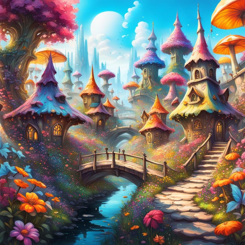 Colorful Hyperrealistic Fairy Village in Anime Style