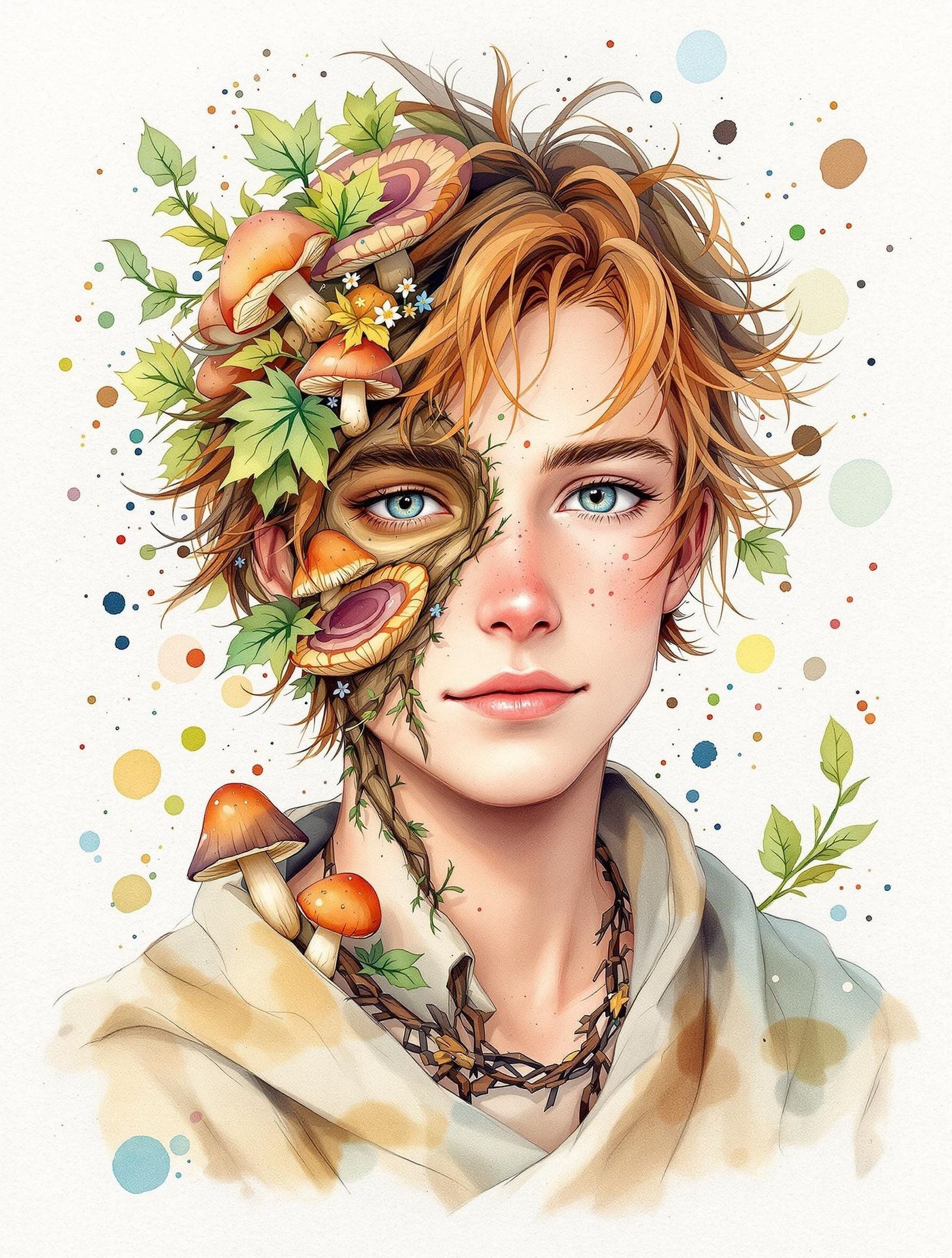 Young Druid with Wood-Cursed Face and Whimsical Hair