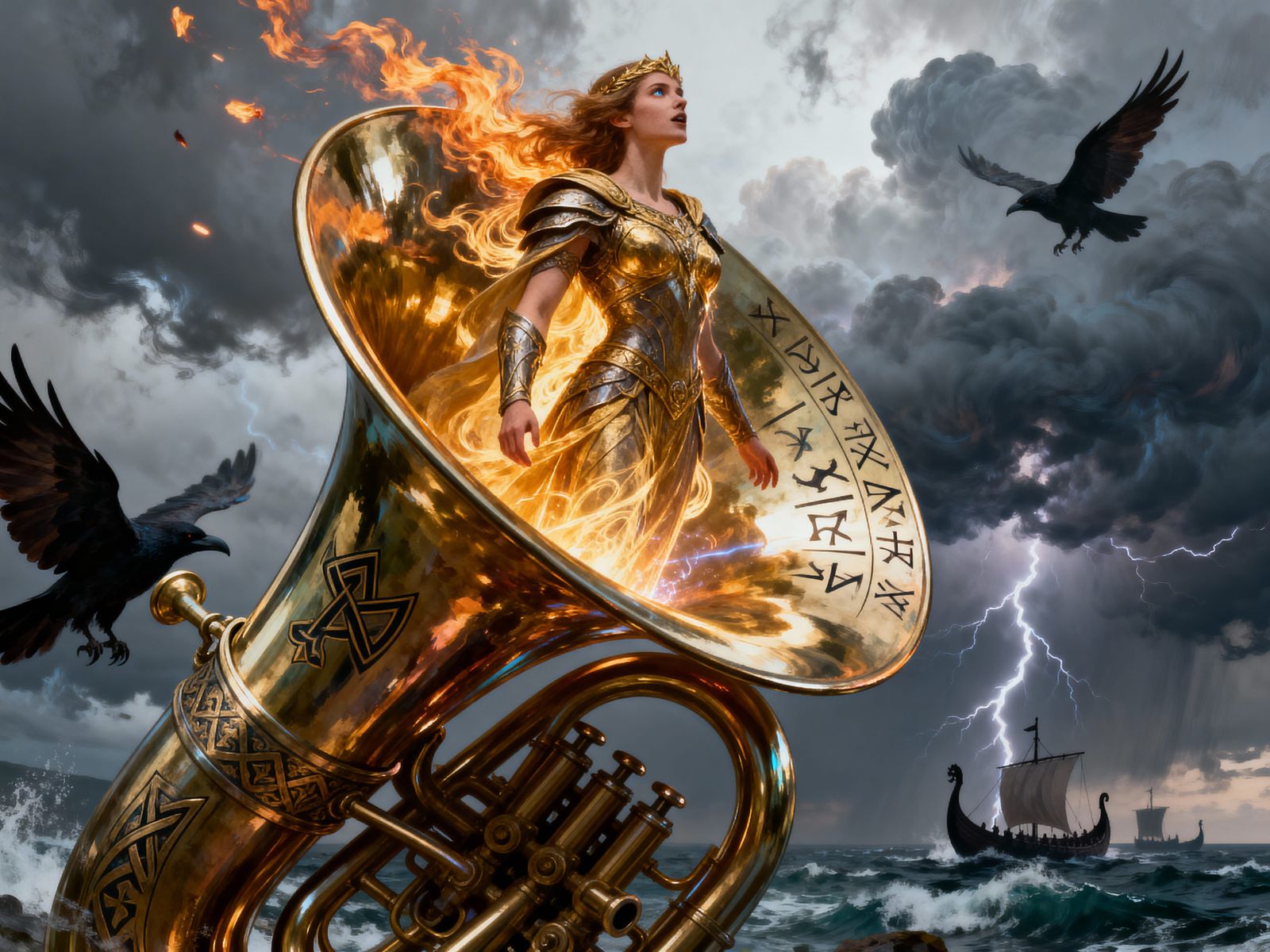 Valkyrie Ascends French Horn in Double Exposure Artwork