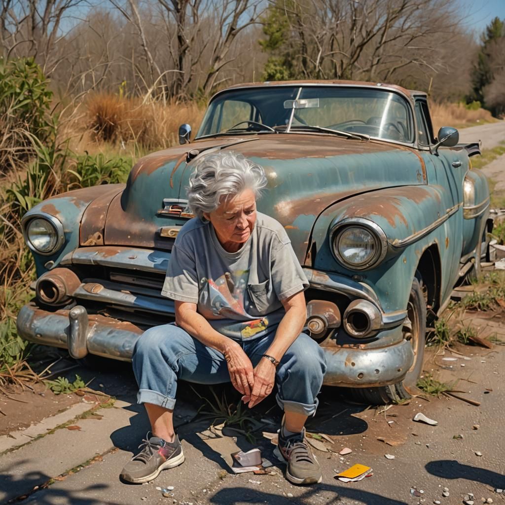 Nostalgic Roadside Scene with Vintage Car, Expressive Brushs...