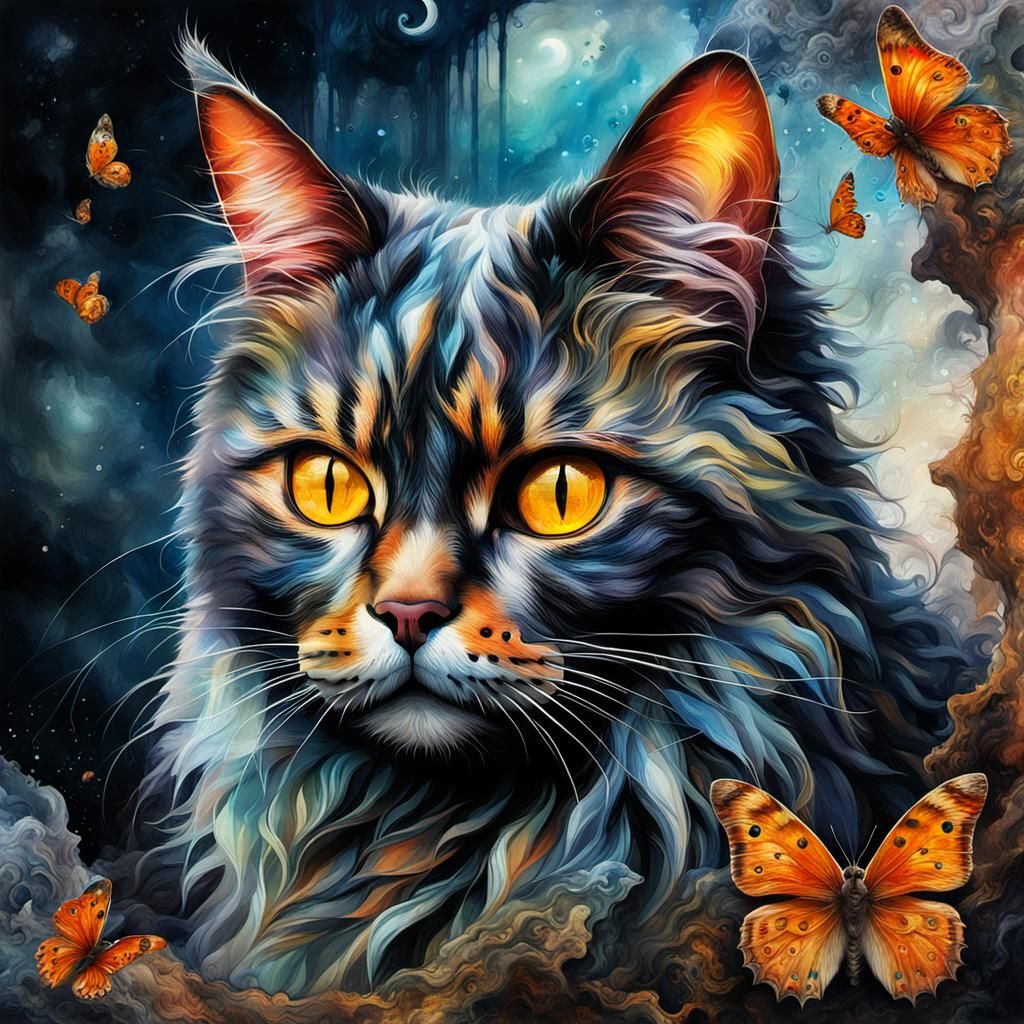 Tortoiseshell Angora Cat in Mixed Media Collage