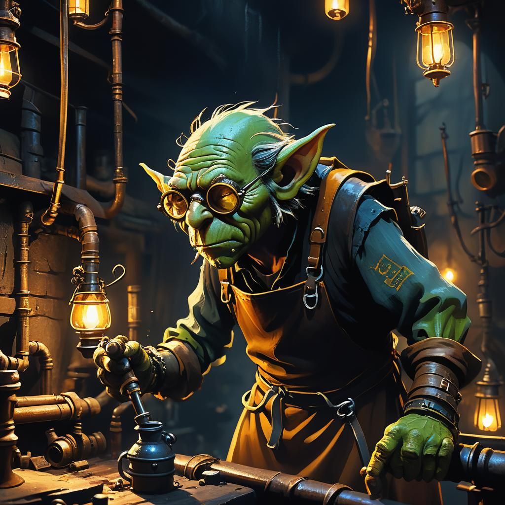 Goblin Plumber in Mystical Underground Workshop