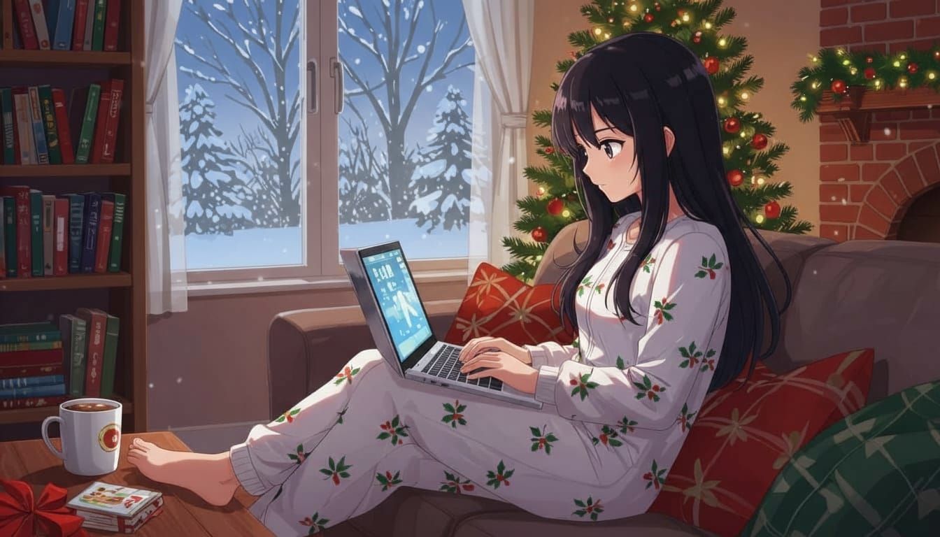 Anime Girl in Christmas Onesie Typing on Laptop