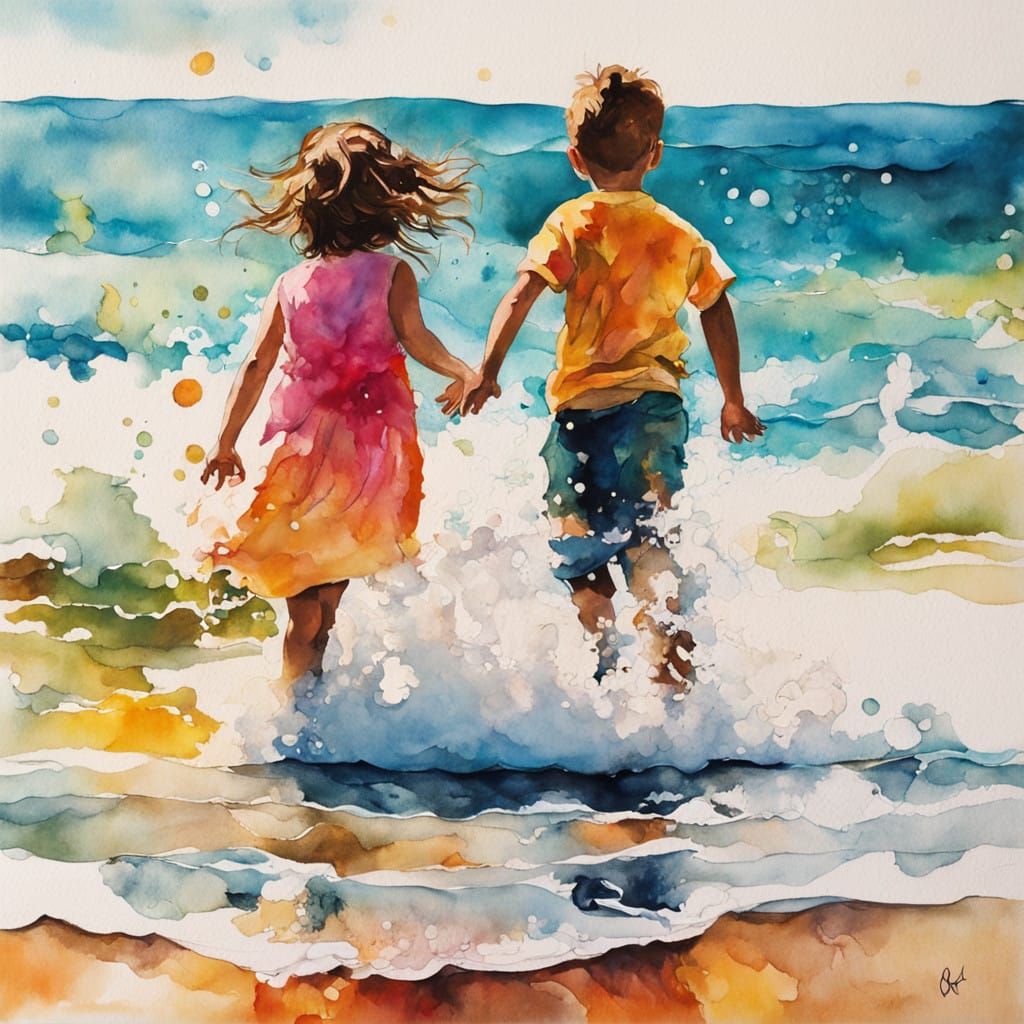 Vibrant Beach Scene in Alcohol Ink Style