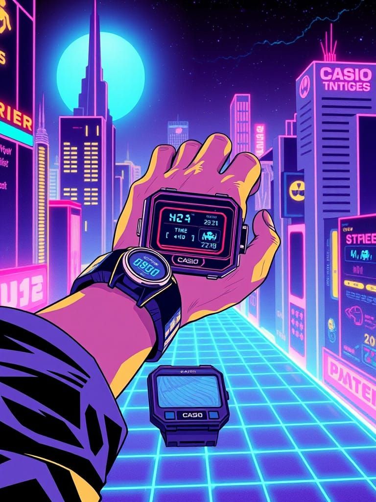 Retro-Futuristic Watch Wearer in Neon Cityscape