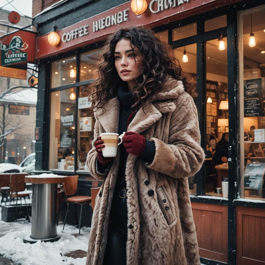 Girl with Coffee: Cozy Art Nouveau Winter Scene