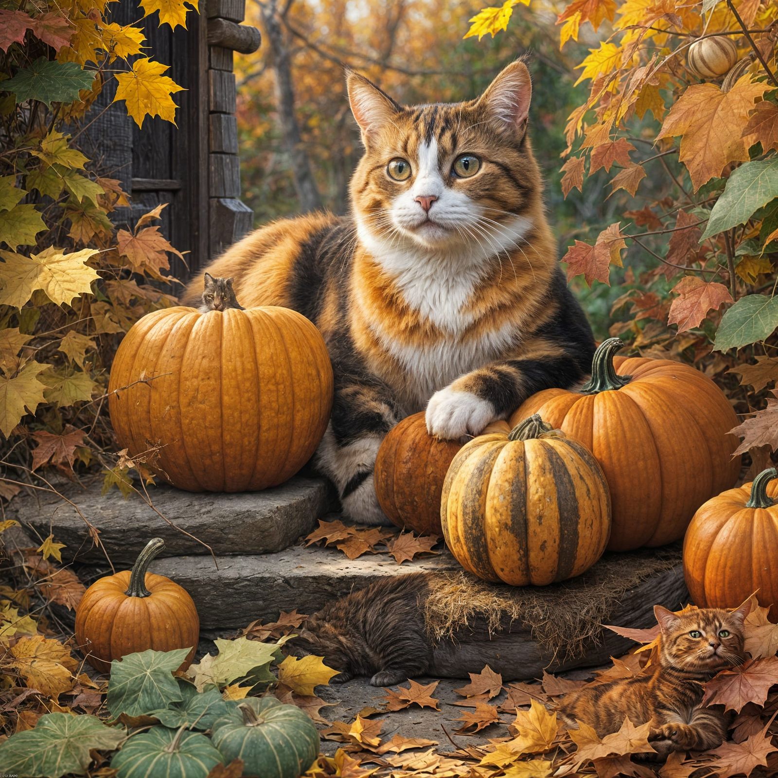 Calico Cat and Tan Cat Pumpkin Scene