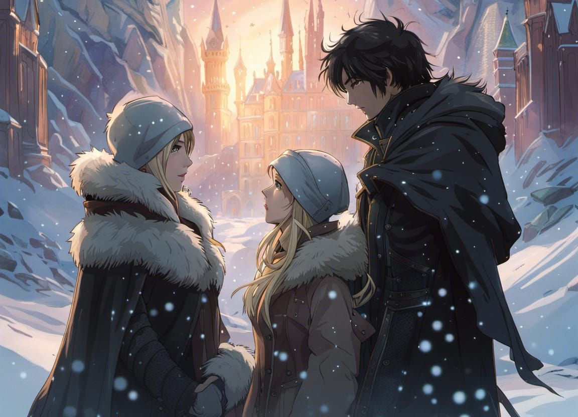 Anime Figures in Snowy Landscape with Ice Castle