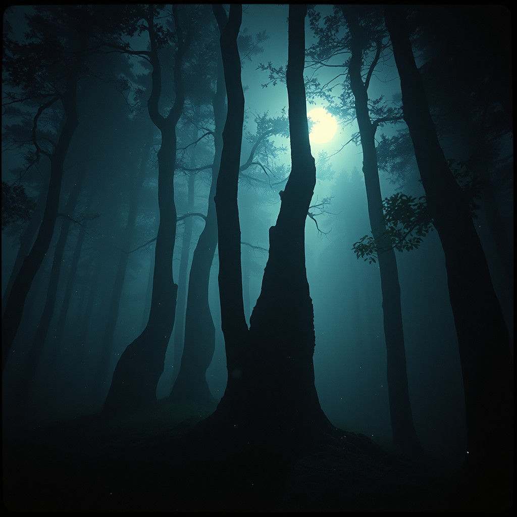 Mysterious Forest at Night with Fireflies, Cinematic Style