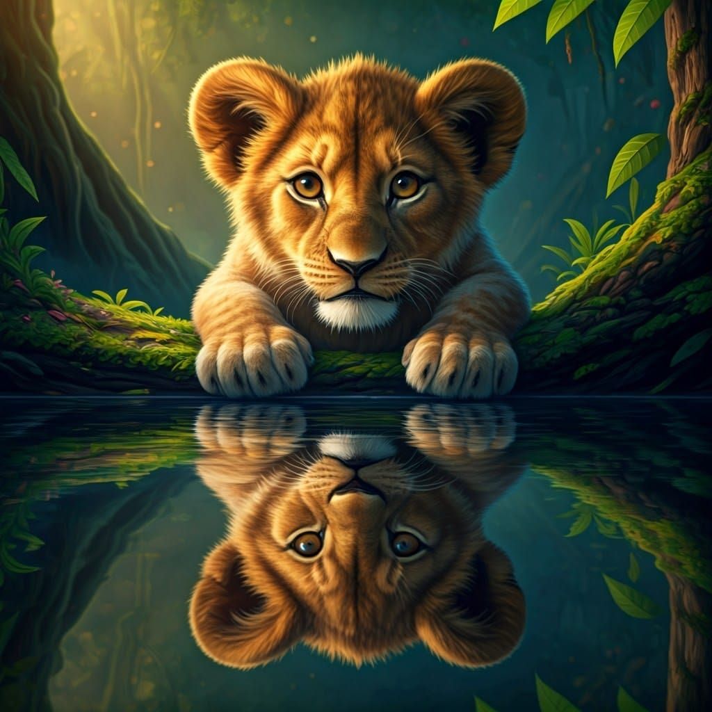 Surprised Lion Cub Sees Reflection