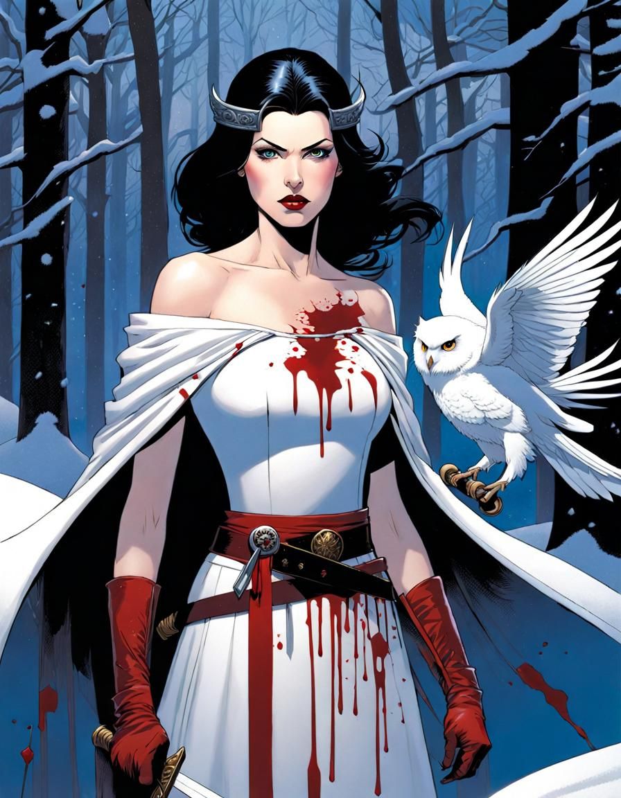 Snow White with Bloody Sword in Snowy Forest
