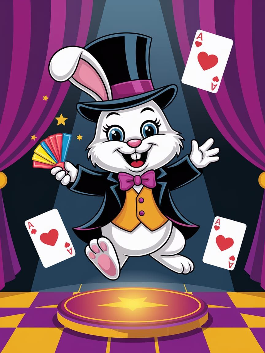 Cartoon Rabbit Magic Show with Flying Cards