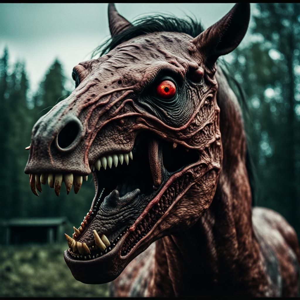 Disgusting Devil-Horse Hybrid in Macabre Horror Style