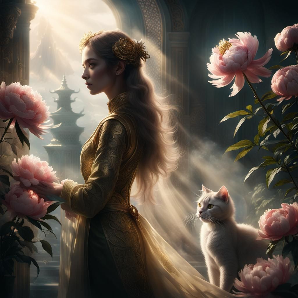 Ghostly Cat Woman Watches Peony in Glass